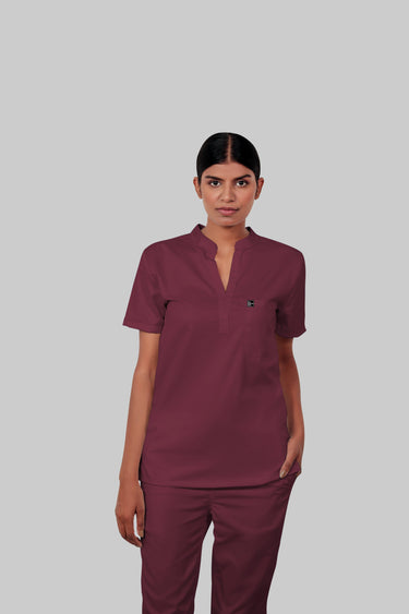 Stretchable (4Way) Female Burgundy Mandarin Neck Scrub Top