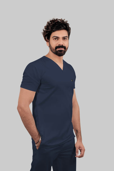 Stretchable (4Way) Male Navy Blue V-Neck With Straight Pant Scrub Set