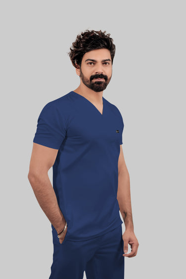 Stretchable (4Way) Male Royal Blue V-Neck With Straight Pant Scrub Set