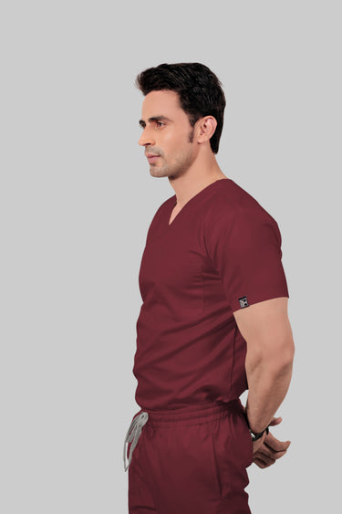 Stretchable (2Way) Male Maroon V-Neck With Jogger Scrub Set