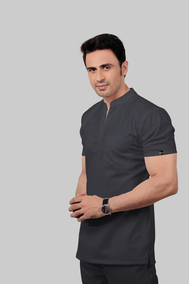 Stretchable (2Way) Male Dark Gray Mandarin Neck With Straight Pant Scrub Set