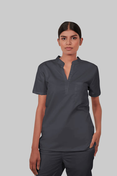 Stretchable (2Way) Female Dark Gray Mandarin Neck With Straight Pant Scrub Set