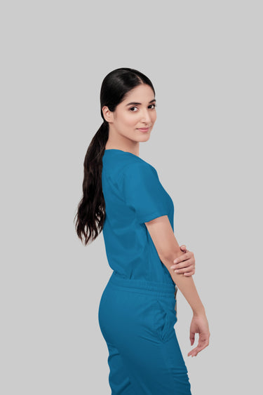 Stretchable (2Way) Female Peacock Blue V-Neck Scrub Top