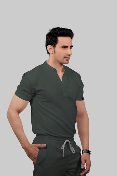 Stretchable (2Way) Male Bottle Green Mandarin With Straight Pant Scrub Set