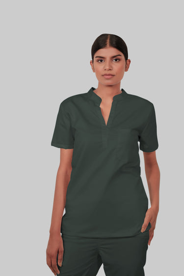 Stretchable (2Way) Female Bottle Green Mandarin Neck Scrub Top