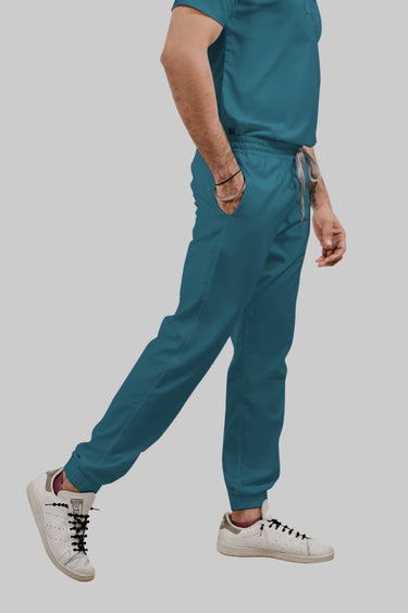 Stretchable (4Way) Female Peacock Blue Mandarin Neck With Jogger Scrub Set