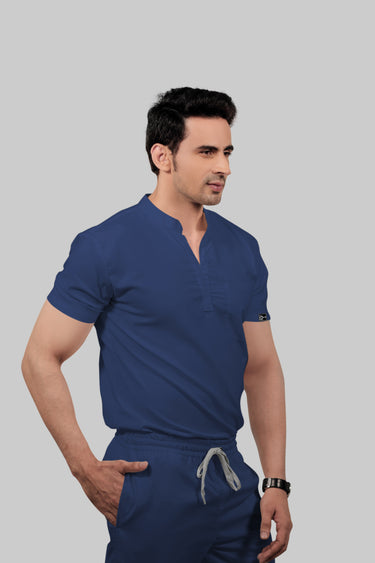 Stretchable (2Way) Male Navy Blue Mandarin Neck With Jogger Scrub Set