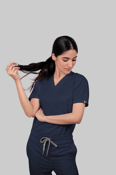Stretchable (4Way) Female Navy Blue V-Neck With Straight Pant Scrub Set