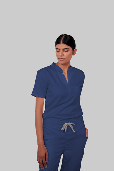 Stretchable (4Way) Female Royal Blue Mandarin Neck With Jogger Scrub Set