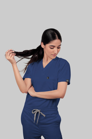 Stretchable (4Way) Female Royal Blue V-Neck Scrub Top