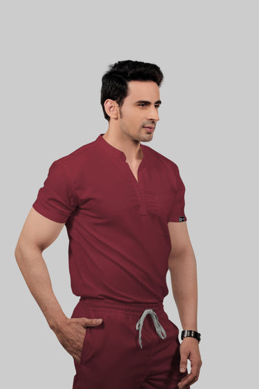 Stretchable (2Way) Male Maroon Mandarin Neck With Straight Pant Scrub Set