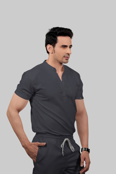Stretchable (2Way) Male Dark Gray Mandarin Neck With Jogger Scrub Set