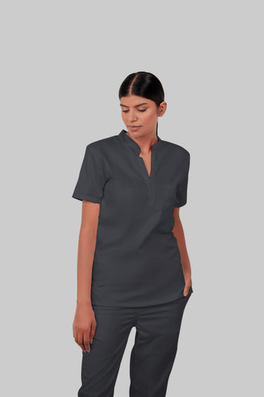 Stretchable (2Way) Female Dark Gray Mandarin Neck With Straight Pant Scrub Set