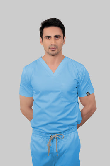 Stretchable (2Way) Male Light Blue V-Neck With Jogger Scrub Set