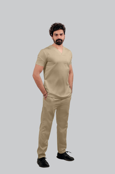 Stretchable (4Way) Male Beige V-Neck With Jogger Scrub Set