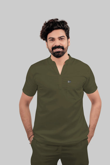 Stretchable (4Way) Male Olive Green Mandarin Neck with Jogger Scrub Set