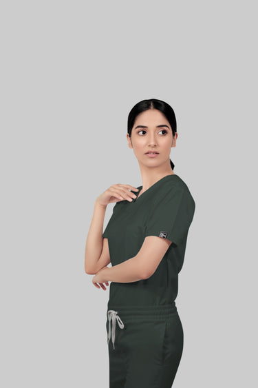Stretchable (2Way) Female Bottle Green V-Neck Scrub Top