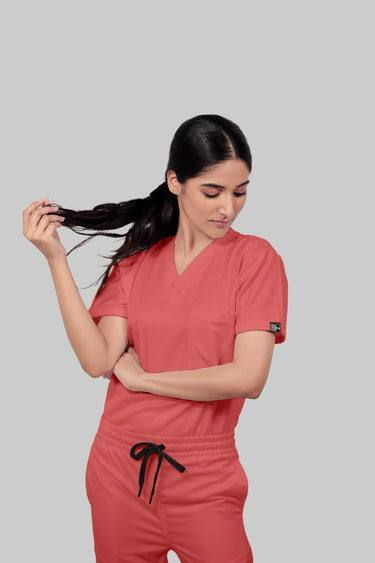 Stretchable (2Way) Female Peach V-Neck With Straight Pant Scrub Set