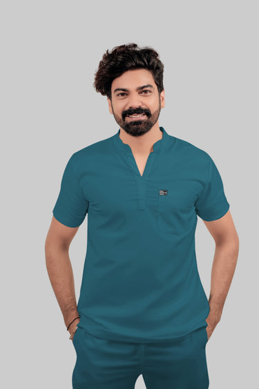 Stretchable (4Way) Male Peacock Blue Mandarin Neck with Jogger Scrub Set