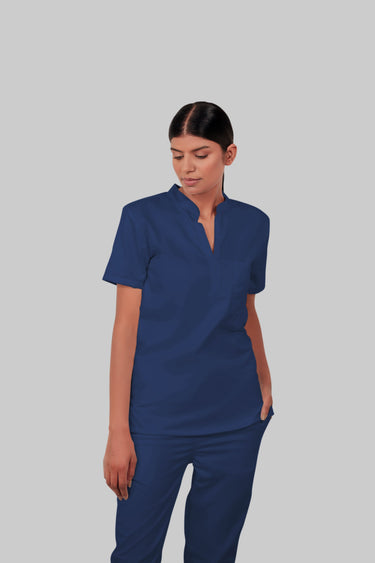 Stretchable (2Way) Female Navy Blue Mandarin Neck With Jogger Scrub Set