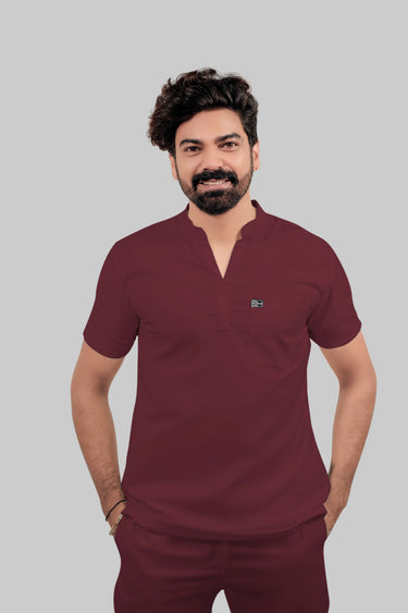 Stretchable (4Way) Male Burgundy Mandarin Neck with Jogger Scrub Set