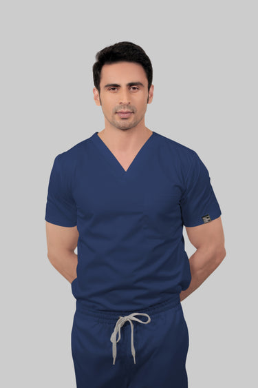 Stretchable (2Way) Male Navy Blue V-Neck With Straight Pant Scrub Set
