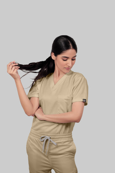 Stretchable (4Way) Female Beige V-Neck Scrub Top