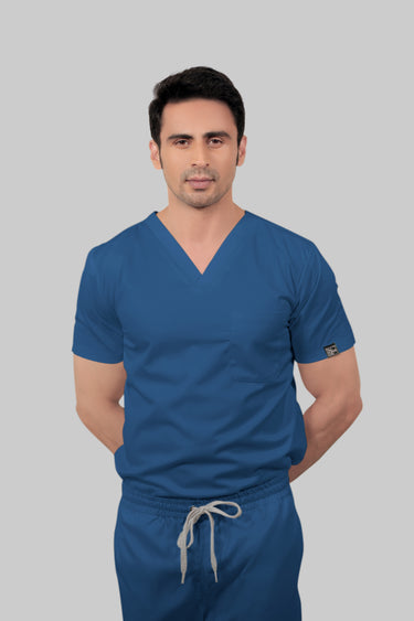 Stretchable (2Way) Male Steel Blue V-Neck With Jogger Scrub Set