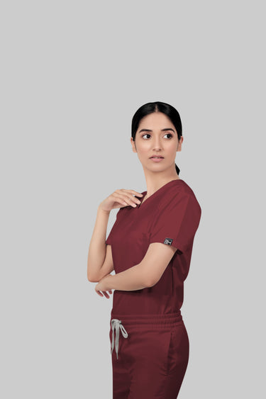 Stretchable (2Way) Female Maroon V-Neck Scrub Top