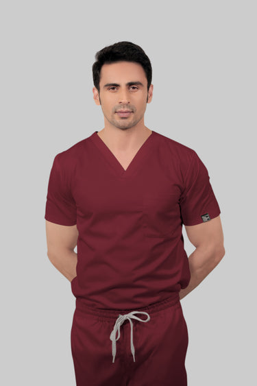 Stretchable (2Way) Male Maroon V-Neck With Jogger Scrub Set