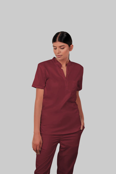 Stretchable (2Way) Female Maroon Mandarin Neck With Straight Pant Scrub Set
