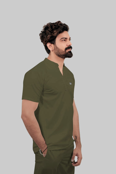 Stretchable (4Way) Male Olive Green Mandarin Neck with Straight Pant Scrub Set