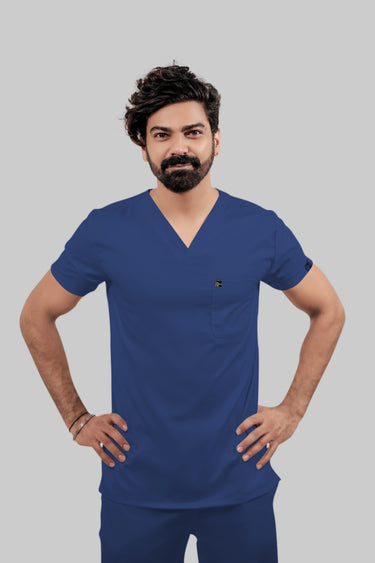 Stretchable (4Way) Male Royal Blue V-Neck With Straight Pant Scrub Set