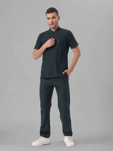 Stretchable (4Way) Midnight Green Men Flex Zip Neckline Top With Straight Pants