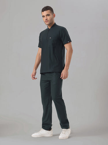 Stretchable (4Way) Midnight Green Men Flex Zip Neckline Top With Straight Pants