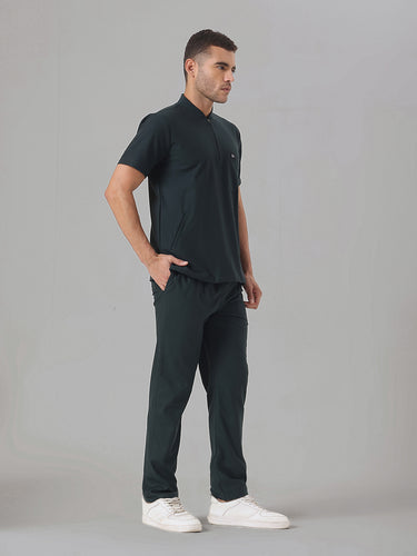 Stretchable (4Way) Midnight Green Men Flex Zip Neckline Top With Straight Pants