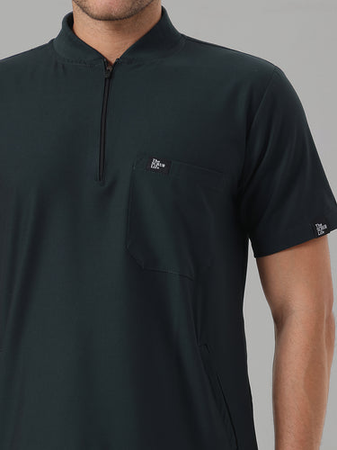 Stretchable (4Way) Midnight Green Men Flex Zip Neckline Top With Straight Pants