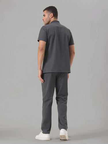 Stretchable (4Way) Charcoal Grey Men Flex Zip Neckline Top With Straight Pants