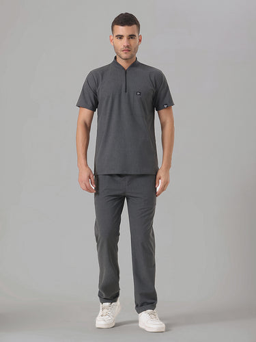 Stretchable (4Way) Charcoal Grey Men Flex Zip Neckline Top With Straight Pants