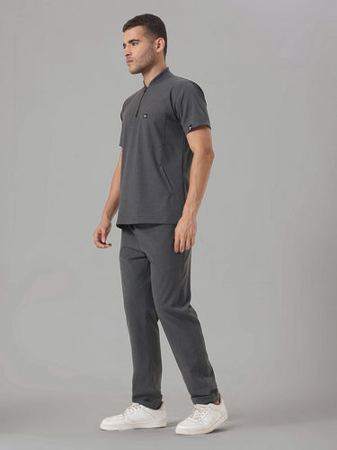 Stretchable (4Way) Charcoal Grey Men Flex Zip Neckline Top With Straight Pants