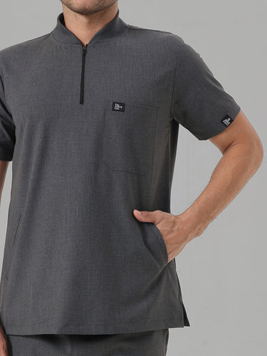 Stretchable (4Way) Charcoal Grey Men Flex Zip Neckline Top With Straight Pants