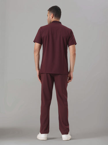 Stretchable (4Way) Burgundy Men Flex Zip Neckline Top With Straight Pants