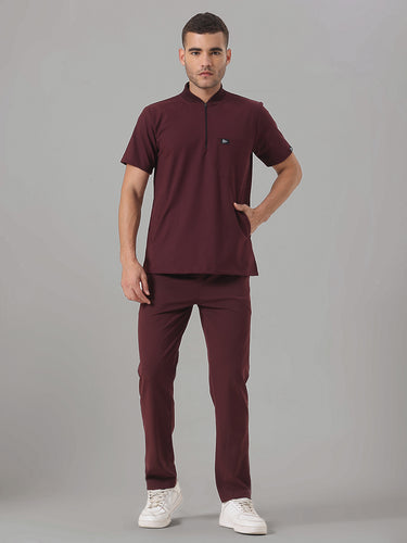 Stretchable (4Way) Burgundy Men Flex Zip Neckline Top With Straight Pants