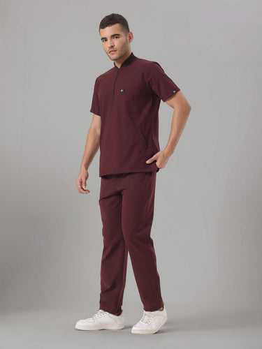 Stretchable (4Way) Burgundy Men Flex Zip Neckline Top With Straight Pants