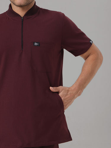 Stretchable (4Way) Burgundy Men Flex Zip Neckline Top With Straight Pants