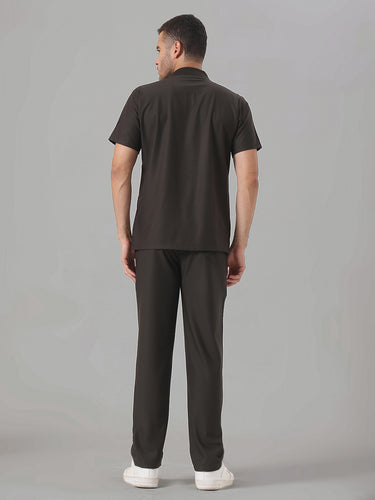 Stretchable (4Way) Olive Green Men Flex Zip Neckline Top With Straight Pants