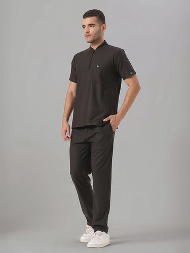 Stretchable (4Way) Olive Green Men Flex Zip Neckline Top With Straight Pants