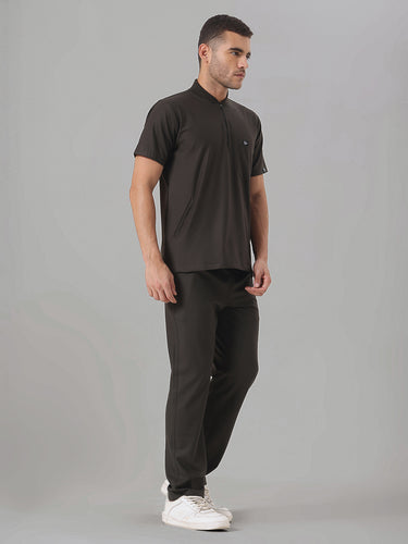 Stretchable (4Way) Olive Green Men Flex Zip Neckline Top With Straight Pants