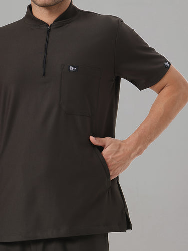 Stretchable (4Way) Olive Green Men Flex Zip Neckline Top With Straight Pants