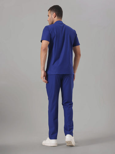 Stretchable (4Way) Royal Blue Men Flex Zip Neckline Top With Straight Pants